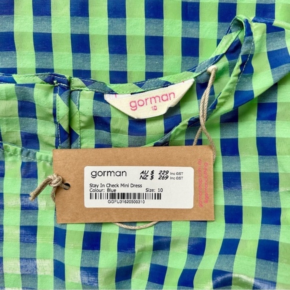 Gorman Stay in Check Mini Dress Puff Sleeve Green Blue Gingham Size 6 NWT - Picture 11 of 13